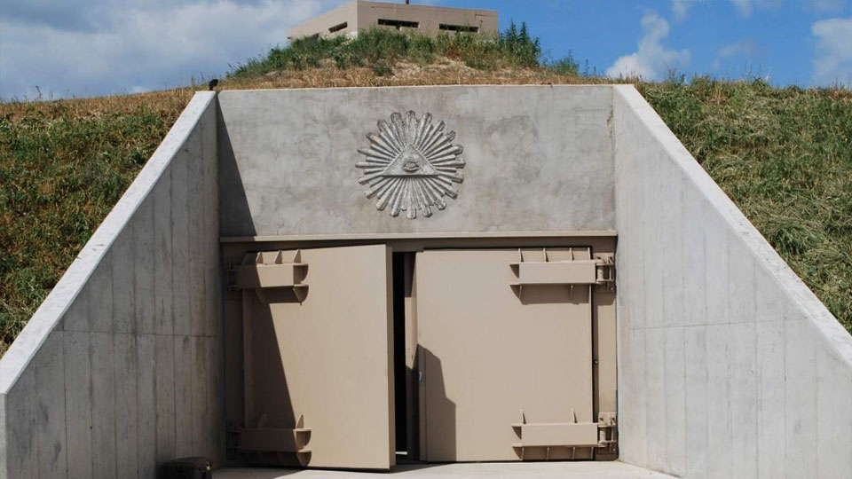 The entrance to a luxury underground bunker with an all-seeing eye emblem above the blast doors