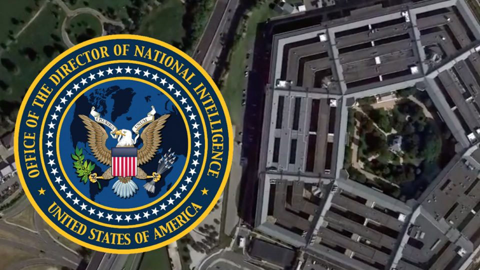 US Office of the Director of National Intelligence seal overlaid on an aerial view of The Pentagon