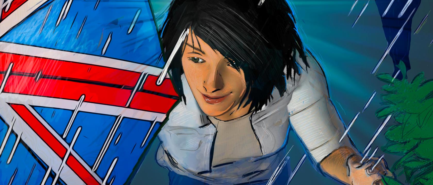 Comic art from Whatever People Say I Am - a young woman with dark hair against a union flag background in rain