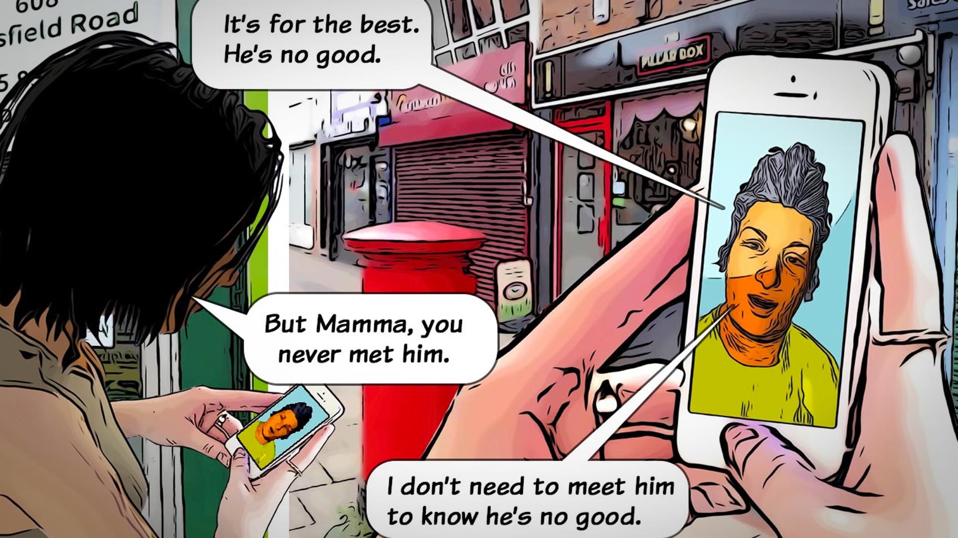 Comic panel showing Korola on Mansfield Road, Nottingham, using a mobile phone to video call her mother in Hungary