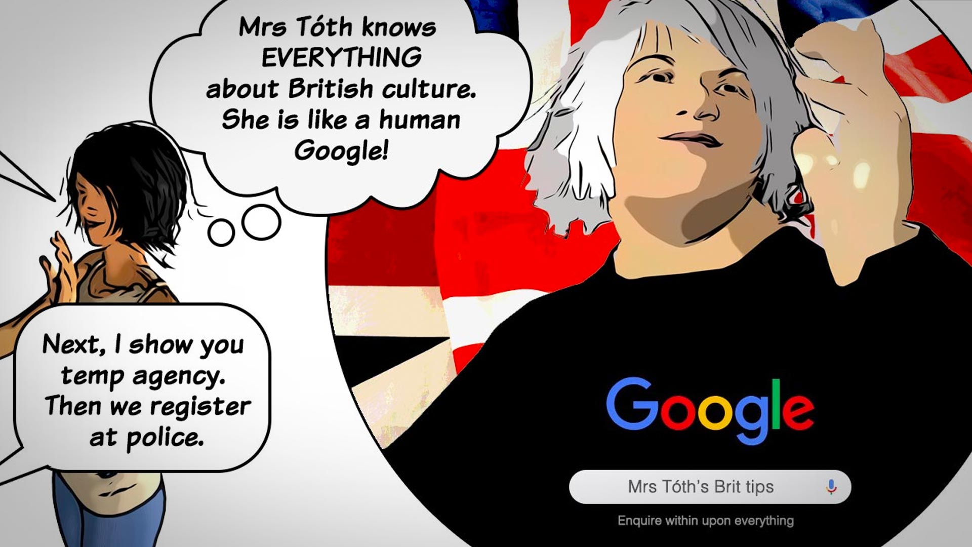 Comic panel showing Mrs Toth against a union flag background with a Google search interface - Mrs Toth's Brit tips
