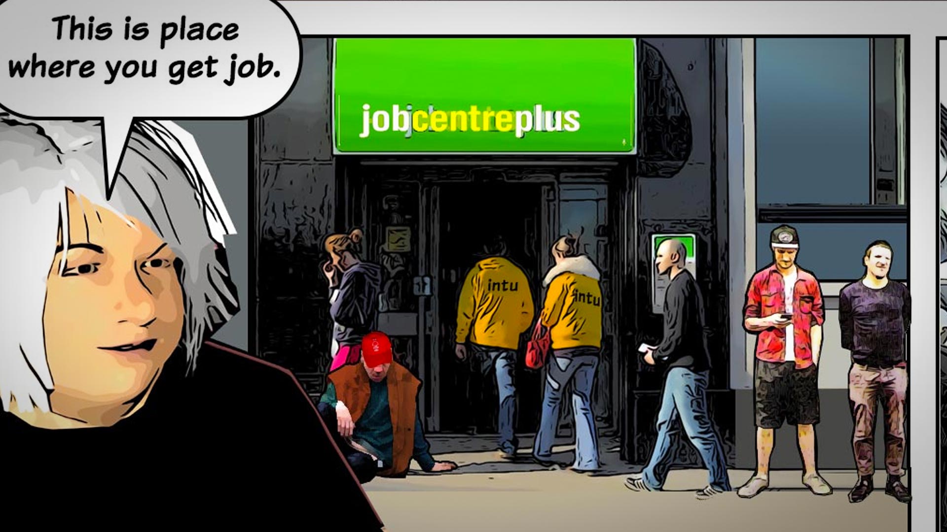 Comic panel showing a Job Centre Plus entrance with various hidden cameos including the Sleaford Mods