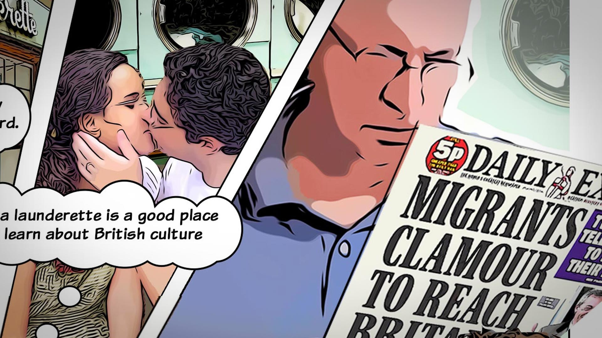 Comic panel showing a launderette scene alongside a tabloid newspaper with the headline Migrants clamour to reach Brit...