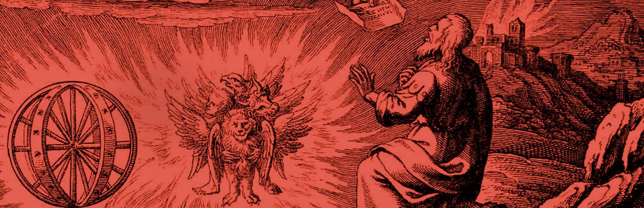 Ezekiel's vision of the chariot - a red-tinted woodcut engraving of a biblical scene with wheels, winged creatures and a kneeling prophet