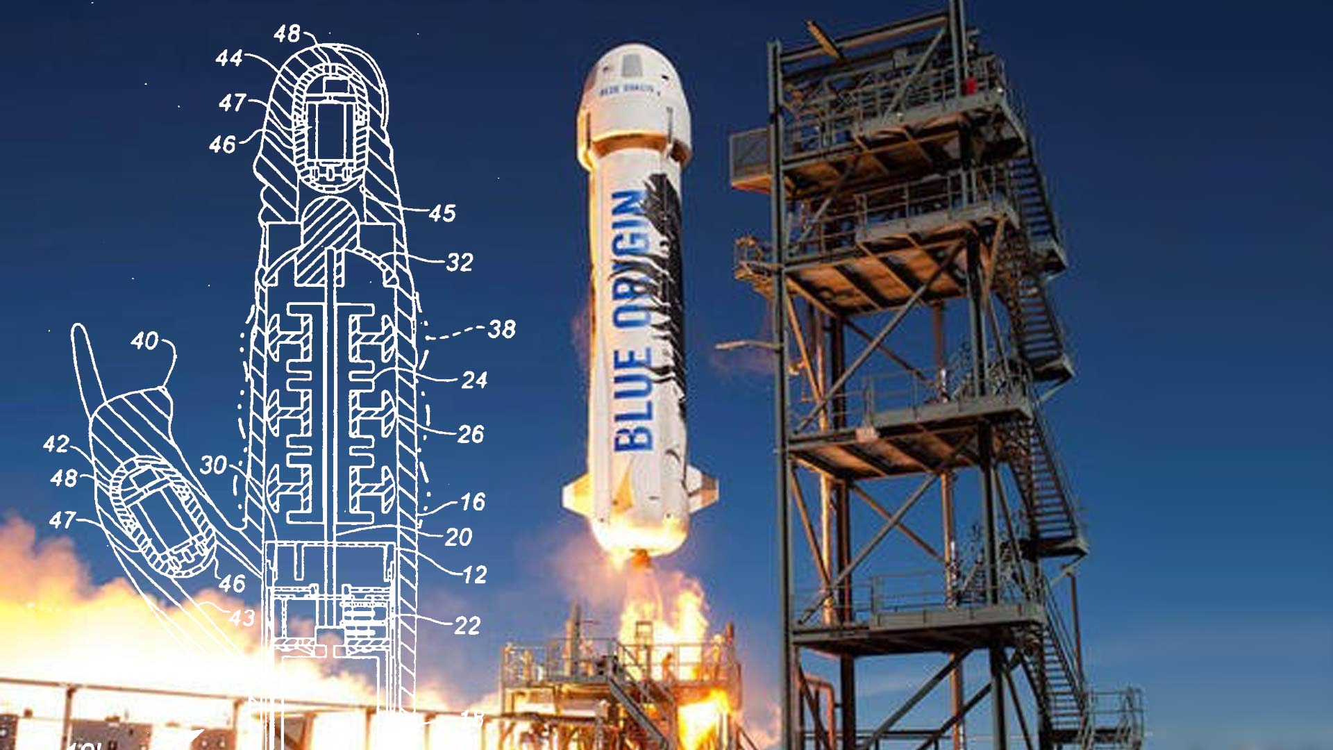 Blue Origin New Shepard rocket on the launch pad alongside a cross-section engineering diagram
