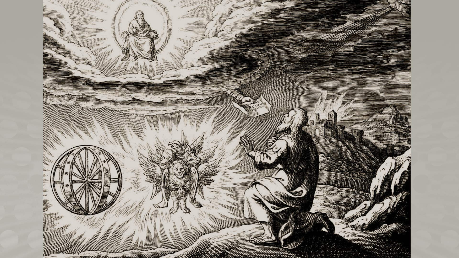 Engraving of Ezekiel's vision of the chariot - a kneeling prophet before wheels within wheels and a winged lion