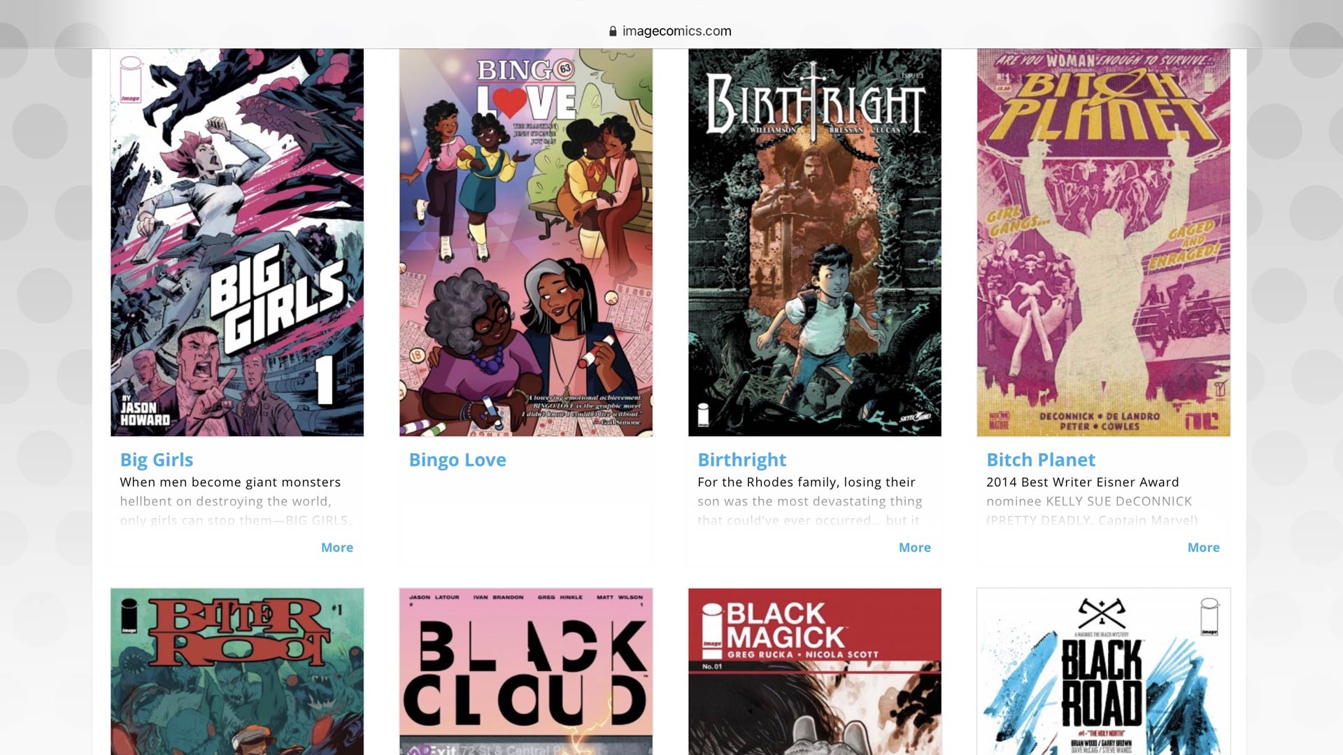 Image Comics website showing a selection of graphic novel covers including Bitch Planet, Birthright and Big Girls