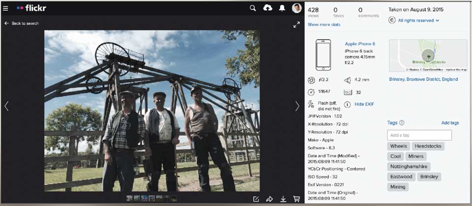 Flickr photo-sharing service showing EXIF data and image tags