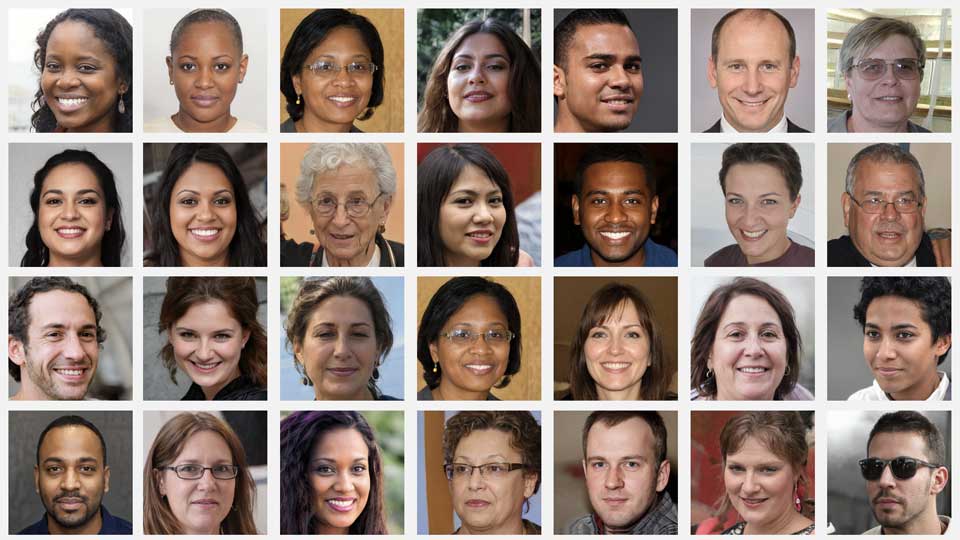 A grid of AI-generated faces from Generative Adversarial Networks - indistinguishable from real photographs