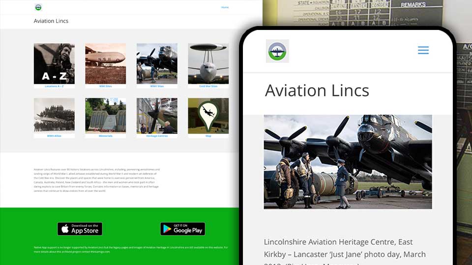 AviationLincs produced by Thinkamigo in association with Aviation Heritage Lincolnshire includes early WWI airstrips, Allied RAF bases from WWII, Cold War and operational RAF sites, contemporary museums and visitor centres
